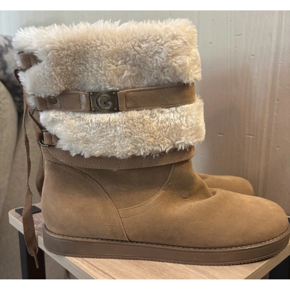 Women's G By Guess Faux Fur Strap Booties Boots Size 10M Brown Suede Winter